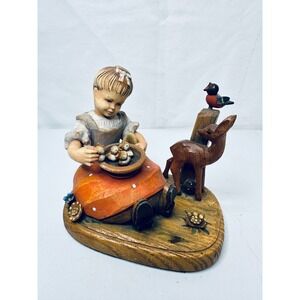Vintage Girl with Animals Wooden Figurine Hand Painted Folk Art